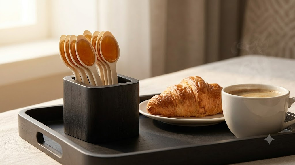 Spoon Honey caddy on a boutique hotel breakfast tray